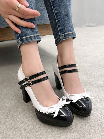 ブラック 甘いロリータシューズレッドラウンドトゥPUレザーロリータシューズ
