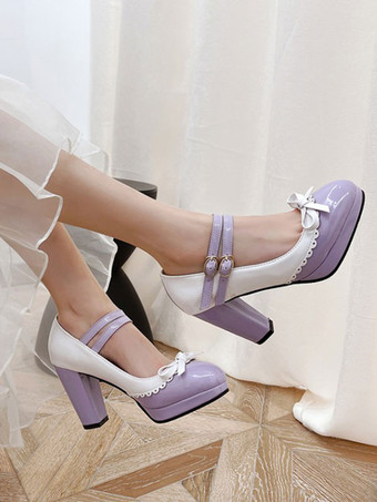 ライラックカラー甘いロリータシューズレッドラウンドトゥPUレザーロリータシューズ