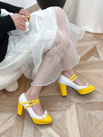 イエロー甘いロリータシューズレッドラウンドトゥPUレザーロリータシューズ