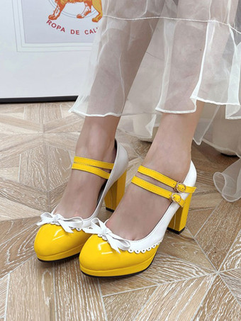 甘いロリータシューズレッドラウンドトゥPUレザーロリータシューズ