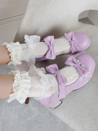 バイオレットロリータフットウェアブラックラウンドトゥPUレザーレースアップスウィートロリータパンプス