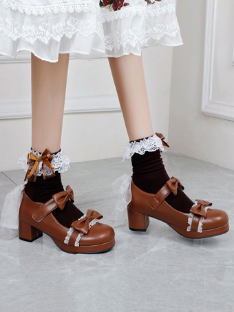 ロリータフットウェアブラックラウンドトゥPUレザーレースアップスウィートロリータパンプス
