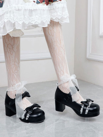 ロリータフットウェアブラックラウンドトゥPUレザーレースアップスウィートロリータパンプス