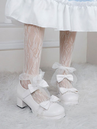 ホワイト ロリータフットウェアブラックラウンドトゥPUレザーレースアップスウィートロリータパンプス