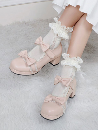 ピンクロリータフットウェアブラックラウンドトゥPUレザーレースアップスウィートロリータパンプス