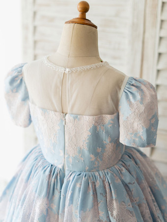 フラワーガールドレスライトスカイブルージュエルネック半袖ビーズキッズソーシャルパーティードレス