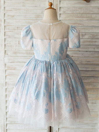 フラワーガールドレスライトスカイブルージュエルネック半袖ビーズキッズソーシャルパーティードレス