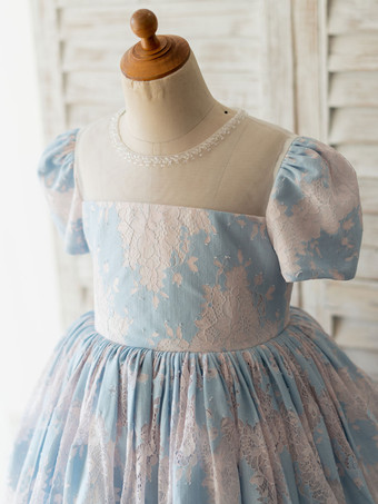 フラワーガールドレスライトスカイブルージュエルネック半袖ビーズキッズソーシャルパーティードレス