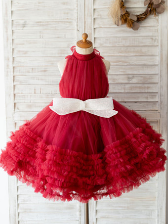 Vestidos de menina flor com faixa colarinho alto tule sem mangas na altura do joelho princesa silhueta arcos trun vermelho vestidos de festa infantil