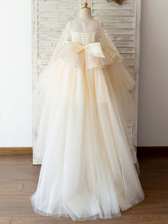 フラワーガールドレスジュエルネックチュール長袖非対称プリンセスシルエットキッズパーティードレス