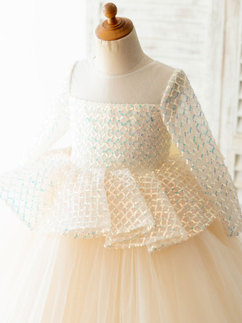 フラワーガールドレスジュエルネックチュール長袖非対称プリンセスシルエットキッズパーティードレス