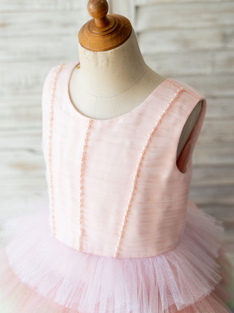 フラワーガールドレスレインボーカラージュエルネックチュールノースリーブ膝丈プリンセスシルエットパールキッズソーシャルパーティードレス