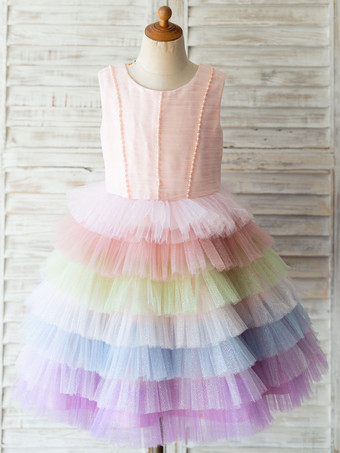 Vestidos de menina flor cor arco-íris Jóia pescoço tule sem mangas até o joelho princesa silhueta pérolas vestidos de festa social infantil