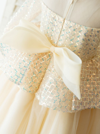 フラワーガールドレスジュエルネックチュール長袖非対称プリンセスシルエットキッズパーティードレス