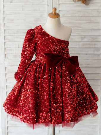 Robe de fille de fleur rouge pailletes à une épaule décoré de noeud robe cortège enfant robe cérémonie fille