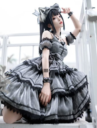 Vestido Sweet Lolita JSK Gris Negro Sin mangas Dark Lolita Jumper Falda