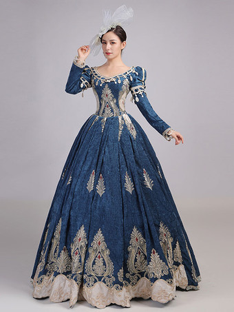 レトロコスチュームネイビーブルー刺繡マリーアントワネットポリエステル帽子ドレスコスチュームセットレトロパーティーウエディングドレス バーガンディ