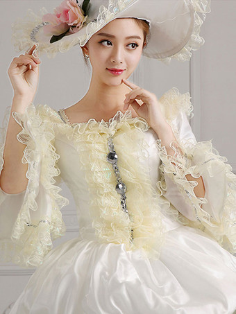 18世紀のレトロな衣装白い刺繡マリーアントワネットポリエステル帽子ドレス衣装セット