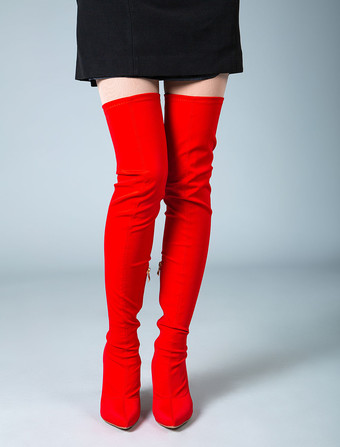 Thigh High Boots Womens Elastic Fabric Pointed Toe Stiletto Heel Over The Knee Boots