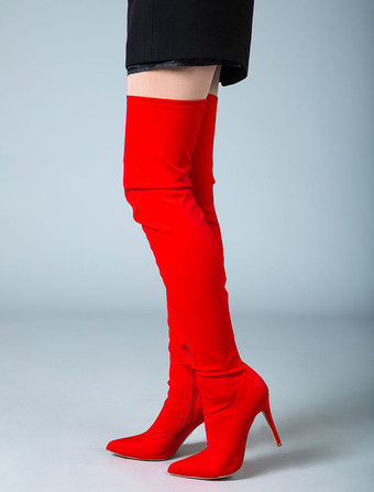 腿の高いブーツ レディース伸縮性のあるファブリック ポインテッドトゥ スティレット ヒール オーバー ザ ニー ブーツ