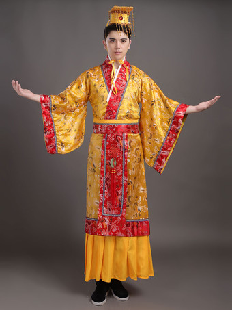 ゴールド チャイナコスチューム　ゴールド　チャイニーズ　ハロウィン　エスニック　帽子&ガウン&サッシュベルト　