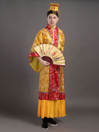 チャイナコスチューム　ゴールド　チャイニーズ　ハロウィン　エスニック　帽子&ガウン&サッシュベルト　