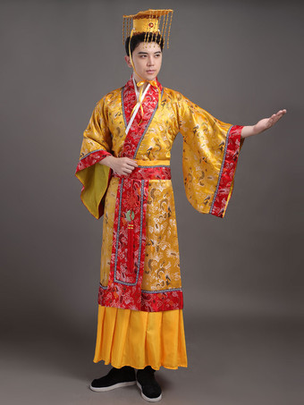 チャイナコスチューム　ゴールド　チャイニーズ　ハロウィン　エスニック　帽子&ガウン&サッシュベルト　