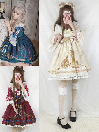 Classic Lolita OP One Piece Dress Dream Of Arcana Chiffon Lace Ruffles Half Sleeve Scoop Neck Printed Lolita Dresses