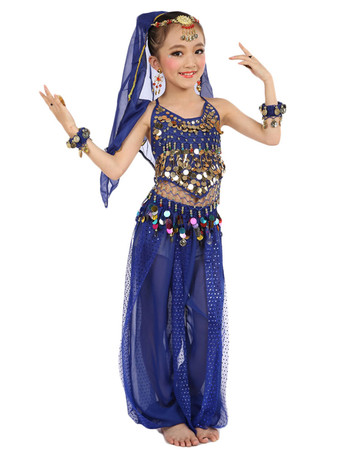 ベリーダンス衣装　コスチューム　子供用　ブルー　シフォン アラビアン 衣装　ノースリーブ　インディアン　ボリウッドダンスコスチューム　2025