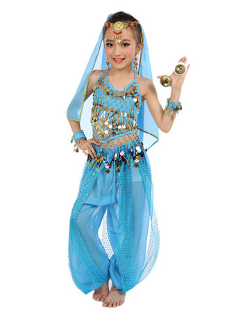 ベリーダンス衣装　コスチューム　子供用　ブルー　シフォン アラビアン 衣装　ノースリーブ　インディアン　ボリウッドダンスコスチューム　2025