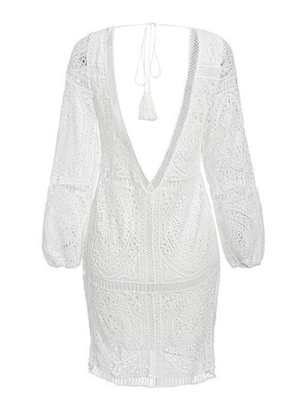 白いレースのドレス V ネック長袖背中の開いたセクシーなドレス