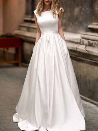 Vintage Wedding Dress 2024 A Line Bateau Neck Sleeveless Floor Length Satin Bridal Gown