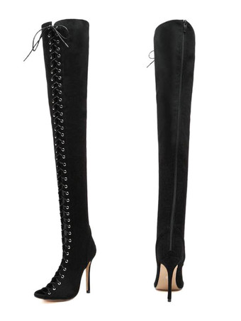 サイハイブーツ ヌバック レースアップ ピープトウ スティレットヒール オーバーザニーブーツ レディース