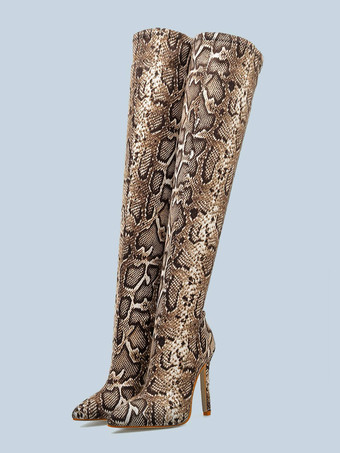 レディースサイハイブーツマイクロスエードスネークプリントポインテッドトゥスティレットヒールウィンターブーツ