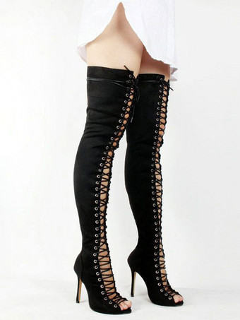 サイハイブーツ ヌバック レースアップ ピープトウ スティレットヒール オーバーザニーブーツ レディース