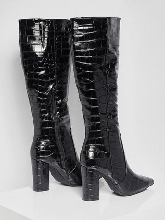 レディースニーハイブーツ　PUレザー　ブラック　ラウンドトゥ　ストーン柄　チャンキーヒールブーツ