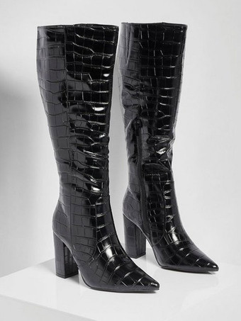 レディースニーハイブーツ　PUレザー　ブラック　ラウンドトゥ　ストーン柄　チャンキーヒールブーツ