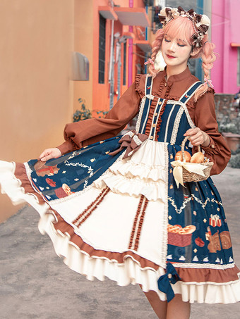 Vestido Lolita JSK Doce Longe Estampa de Natal Saias Jumper com Babados Laços Lolita