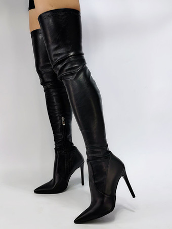 ブラック サイハイ ブーツ セクシー ポインテッド トゥ オーバー ザ ニー ブーツ