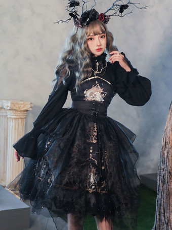 Gothic Lolita JSK Dress Black Sleeveless Chains Pearls Classical Lolita Jumper Skirts