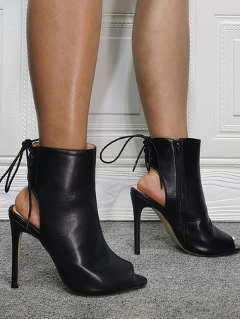 ブラック アンクル ピープトウ スリングバック レースアップ ハイヒール ブーティー