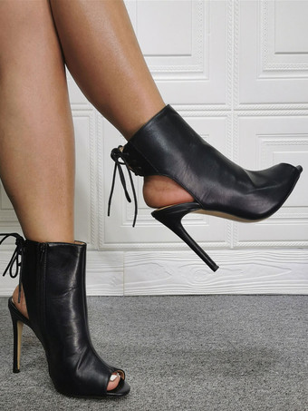 ブラック アンクル ピープトウ スリングバック レースアップ ハイヒール ブーティー