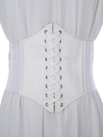 ホワイト クラシックロリータコルセットPUレースアップグロメットロリータコサージュ