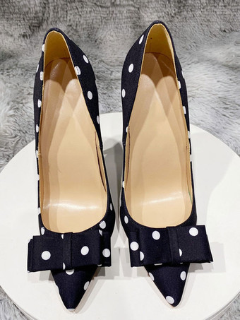 ハイヒール ポインテッドトゥ パンプス ブラック ピンヒール 11cm リボン ドット シューズ プラスサイズシューズ レディース靴 結婚式 二次会 通勤用 仕事 キャバ 卒園式 卒園式
