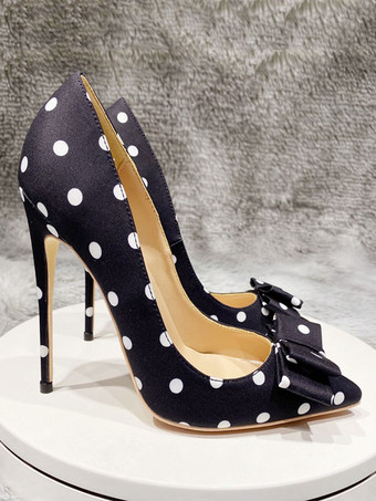 ハイヒール ポインテッドトゥ パンプス ブラック ピンヒール 11cm リボン ドット シューズ プラスサイズシューズ レディース靴 結婚式 二次会 通勤用 仕事 キャバ 卒園式 卒園式