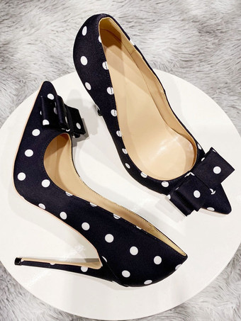 ハイヒール ポインテッドトゥ パンプス ブラック ピンヒール 11cm リボン ドット シューズ プラスサイズシューズ レディース靴 結婚式 二次会 通勤用 仕事 キャバ 卒園式 卒園式