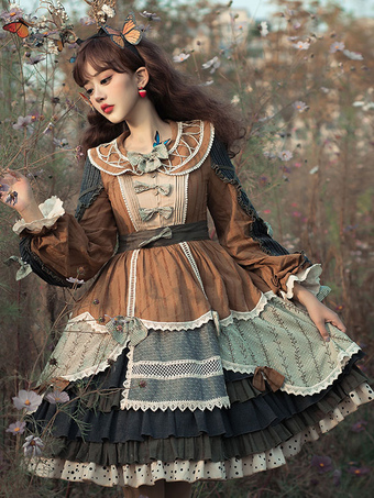 Sweet Lolita OP Dress Arcos con cordones Café Marrón Mangas largas Lolita Vestidos de una pieza