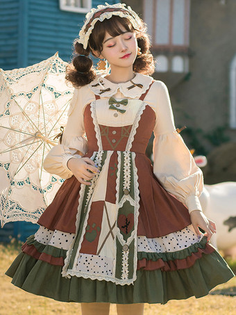 スウィートロリータブラウズボウロングスリーブライトアプリコットロリータシャツスウィートトップ