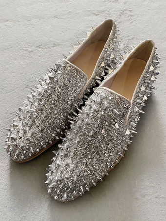 メンズ シルバースパイクリベットローファー（プロムパーティー、ウェディングシューズ付き）