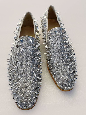 メンズ シルバースパイクリベットローファー（プロムパーティー、ウェディングシューズ付き）